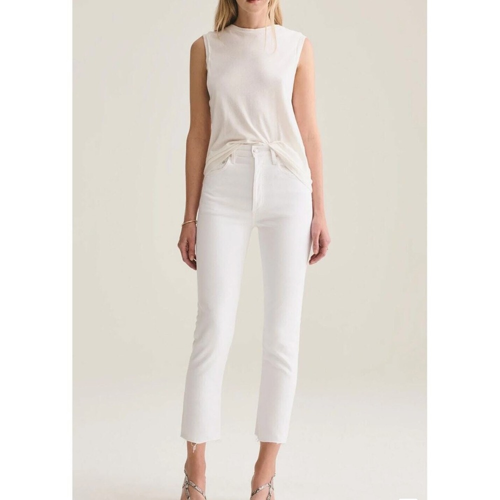 AGOLDE Riley High Rise Straight Crop Jean in Blurred Size 31 Raw Hem